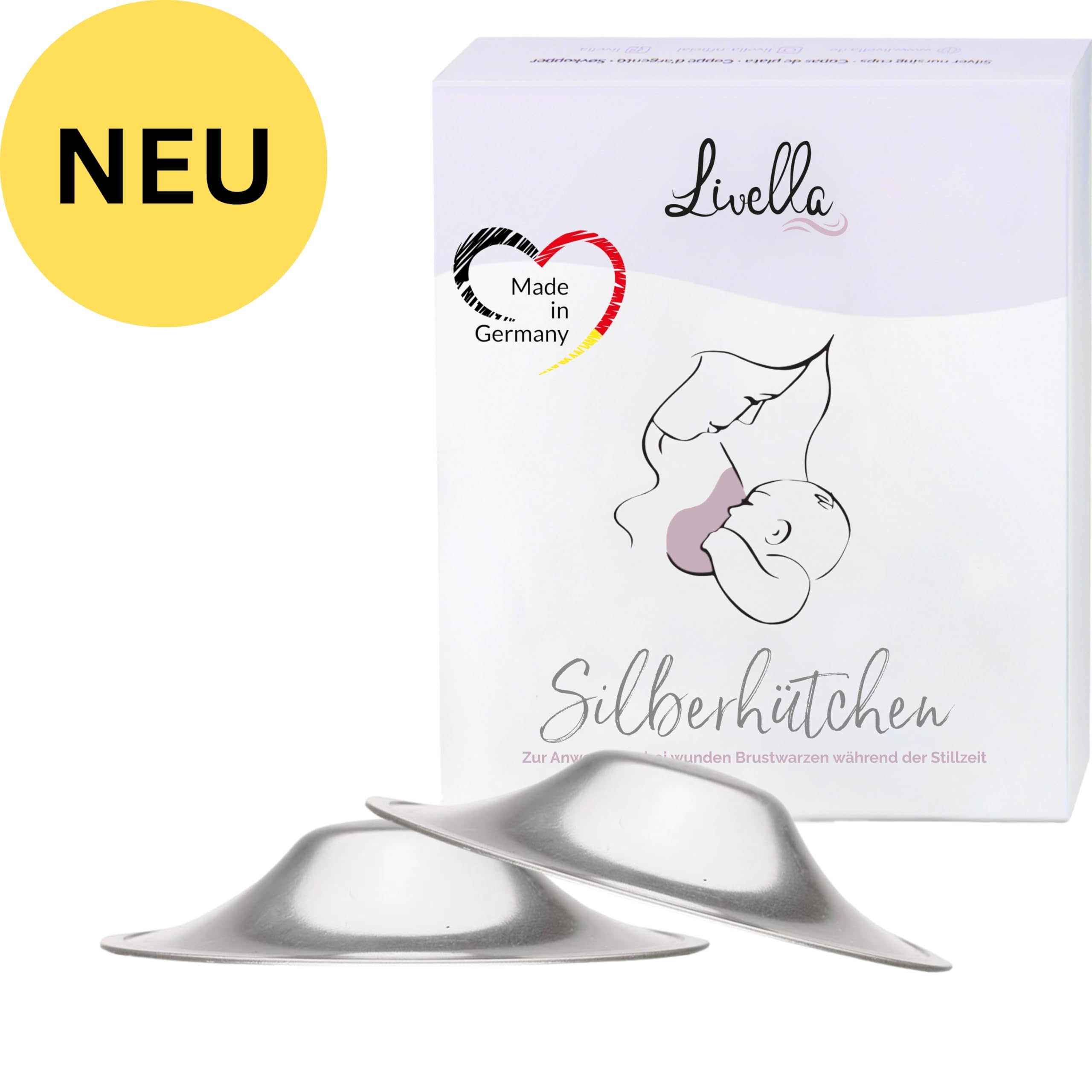 LIVELLA | 999 Silver Nursing Cups - Made in Germany - Universal Fit - Protect and Soothe Sore Nipples - Silver Nipple Shields for Breastfeeding - FDA-Registered