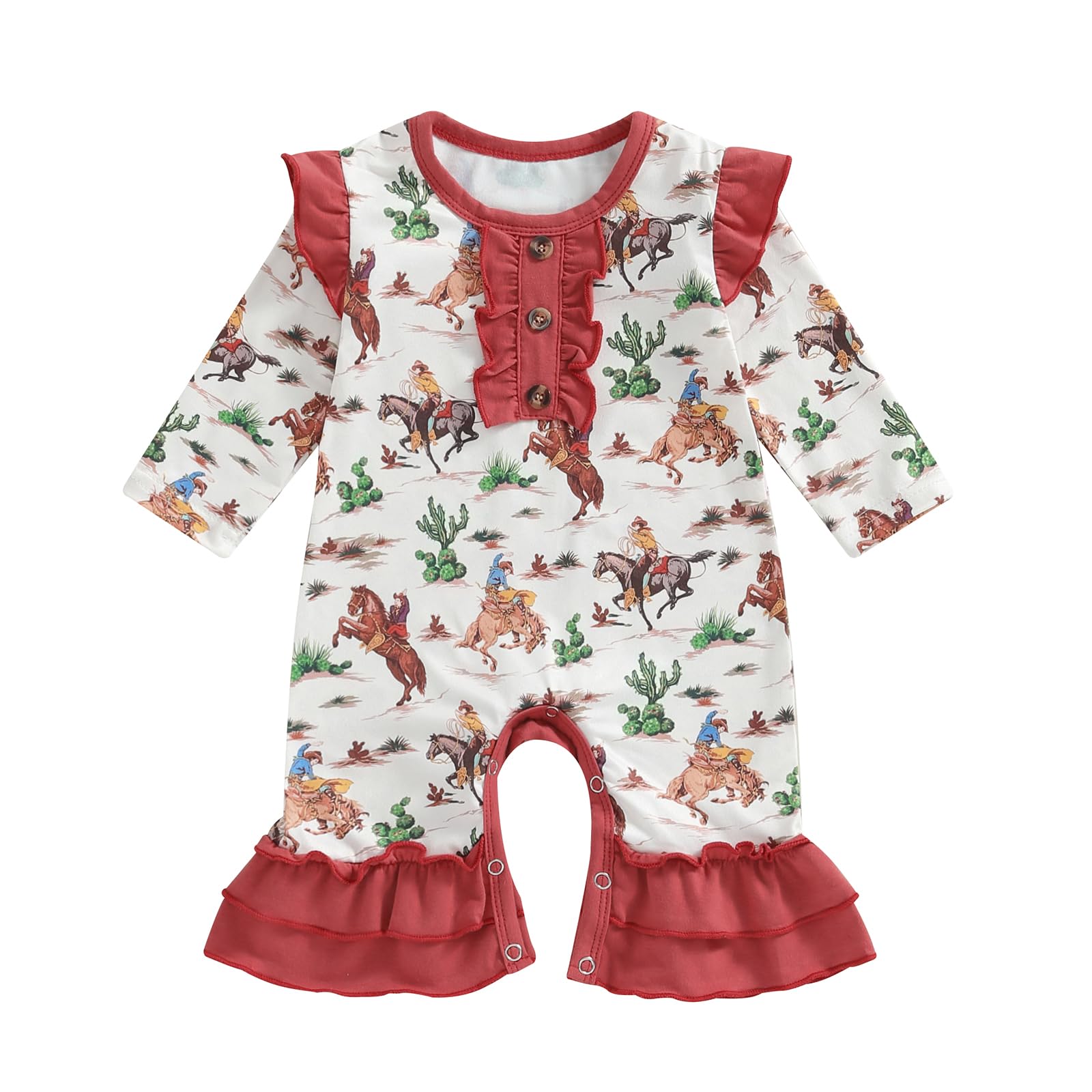 Photo 1 of Doisbetthsay Baby Girl Romper Long Sleeve Western Cow Print Flared Jumpsuit For Newborn Infant Clothes Bodysuit Fall (Apricot, 6-12 Months)