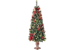SZCXTOP 5ft Pre-Lit Christmas Tree,Potted Artificial Pine Xmas Tree 300 Branches Tips,Decorated with 150 LED White Lights & 8 Red Berries & 4 Pinecone & 5 Bow Tie & 5 Bell for Home or Office
