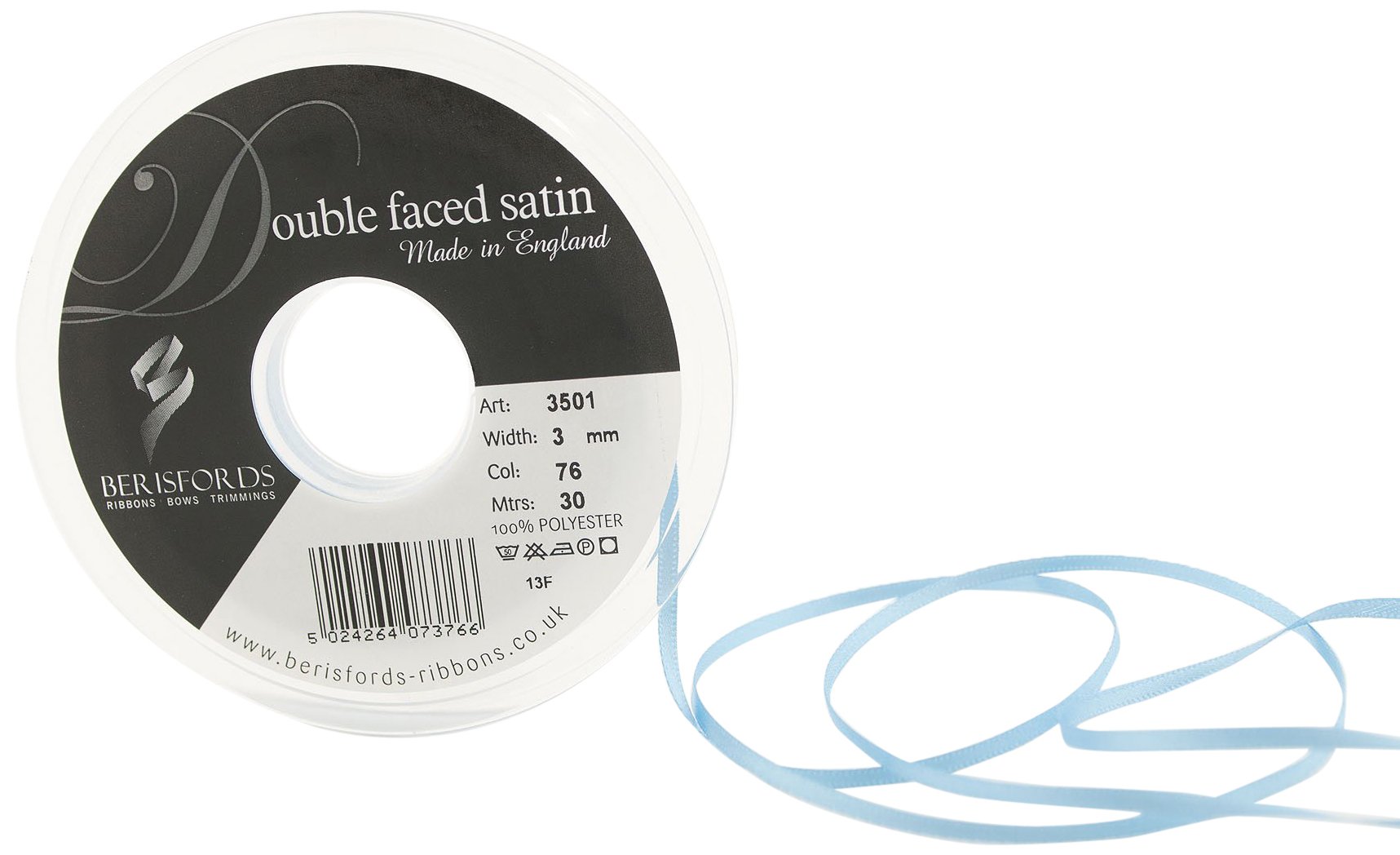 Berisfords Double Satin Ribbon, 76 Cornflower, 30 m, bertie's bows, packaging may vary
