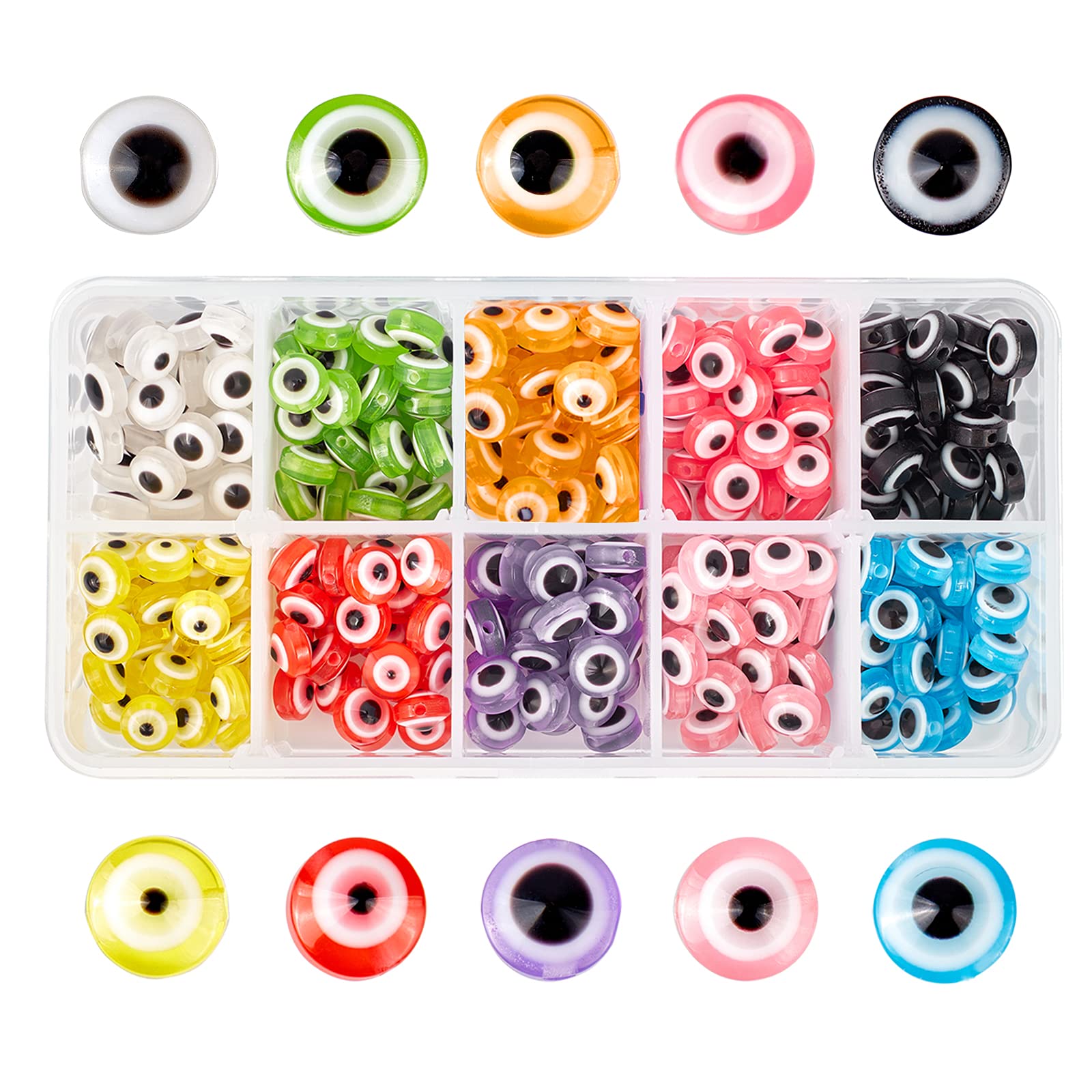 NBEADS 300 Pcs Evil Eye Beads, Resin Evil Eye 10mm Flat Round Evil Eye Charms for DIY Jewelry Making, 10 Colors