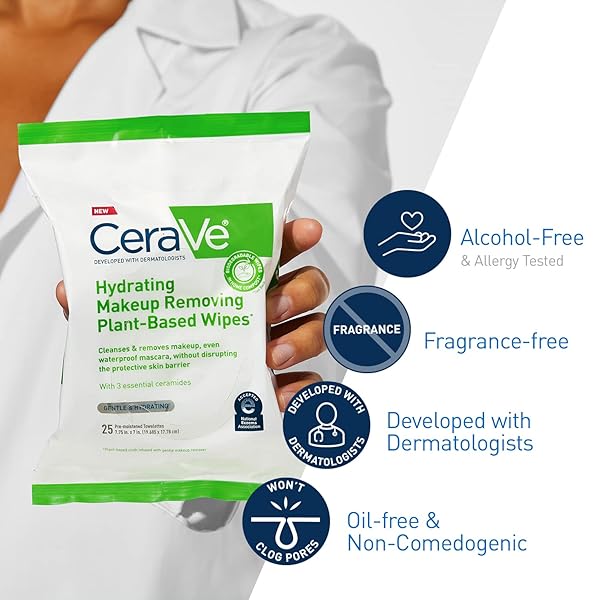 CERAVE MAKEUP REMOVER WIPES, PLANT BASED FACE WIPES, BIODEGRADABLE IN COMPOST, WATERLESS FACE WASH, TRAVEL ESSENTIALS FOR WOMEN, SUITABLE FOR SENSITIVE SKIN, FRAGRANCE-FREE + NON-COMEDOGENIC, 25CT