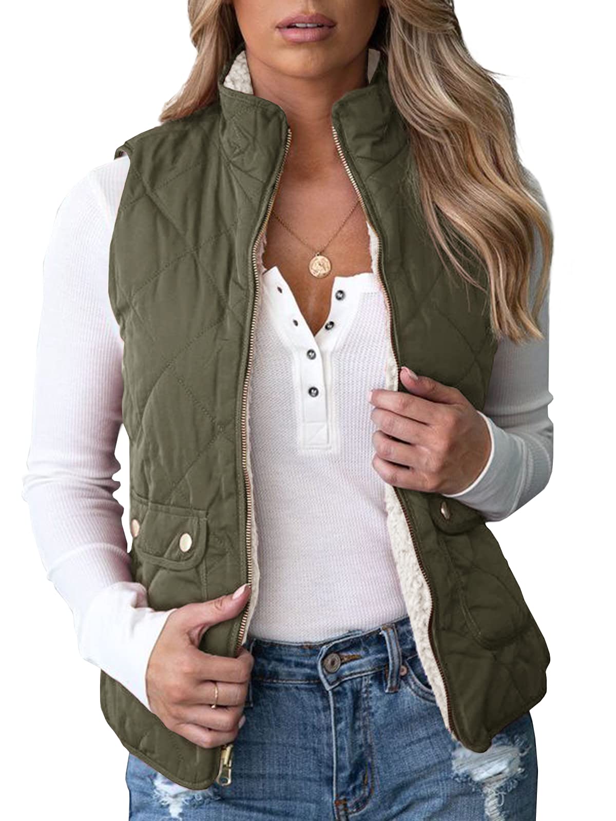 Photo 1 of Valphsio Womens's Reversible Vest Lightweight Quilted Sherpa Fleece Vest Sleeveless Coat (Large, Army Green)