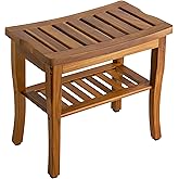 VaeFae Teak Shower Bench, Spa Bath Shower Stool with Storage Shelf, Wooden Seat Stool for Bathroom