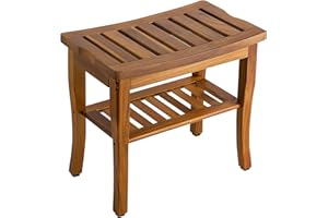 VaeFae Teak Shower Bench, Spa Bath Shower Stool with Storage Shelf, Wooden Seat Stool for Bathroom