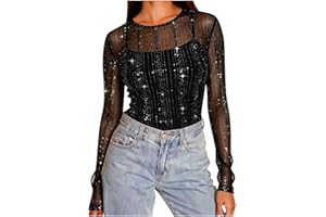 Mesh Long Sleeve Tops for Women Crewneck Rhinestone Sheer Shirts Party Night See Through Base Layer Sequin Top