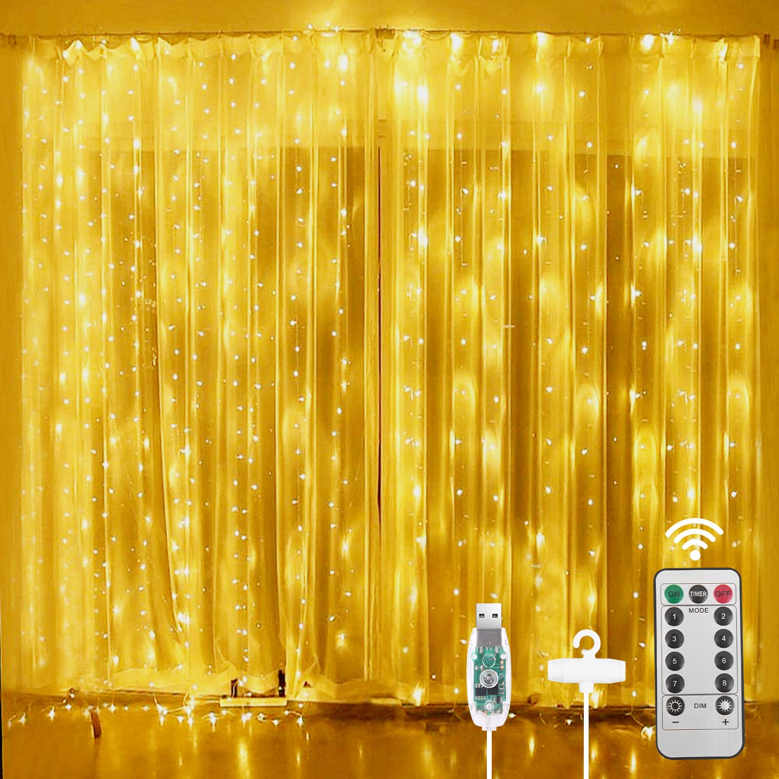 Aomig Curtain Lights, 3m x 3m 300 LED Fairy String, 8 Modes Waterproof Window USB Powered for Indoor Outdoor Bedroom Wedding Party Garden (Warm White)