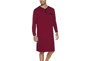Yukiuiny Men Long Sleeve Nightshirt Knee Length Nightgown Cotton Sleep Shirt Lounge Wear with Chest Pocket