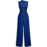 Miusol Women's Casual Sleeveless Mock Neck Ruched Wide Leg Jumpsuit Summer Formal Long Romper with Pockets