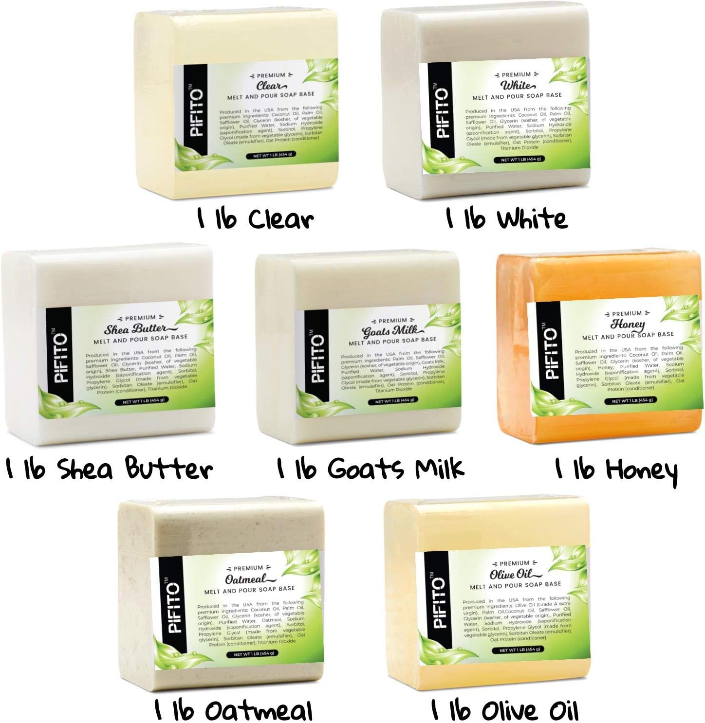 Pifito Melt and Pour Soap Base Sampler (7 lbs) │ Assortment of 7 Bases (1lb ea) │ Clear, White, Goats Milk, Shea Butter, Oatmeal, Honey, Olive Oil │ Glycerin Soap Making Supplies: Arts, Crafts & Sewing