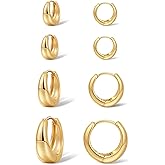 Foxgirl 4 Pairs Small Chunky Huggie Hoop Earrings for Women - Dainty 14K Gold Plated Hypoallergenic Lightweight Stack Earring Sets for Multiple Piercing Trendy Jewelry