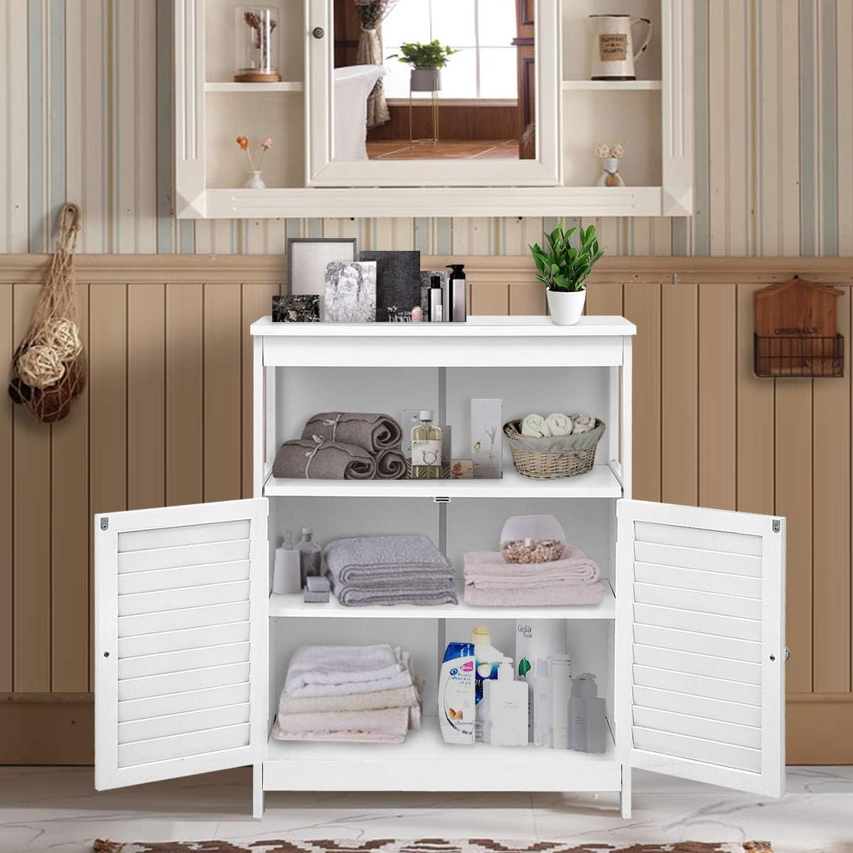 KINGSO Bathroom Floor Cabinet, Free Standing Bathroom Storage Cabinet with Double Shutter Door and Adjustable Shelf for Home Office-White: Furniture & Decor
