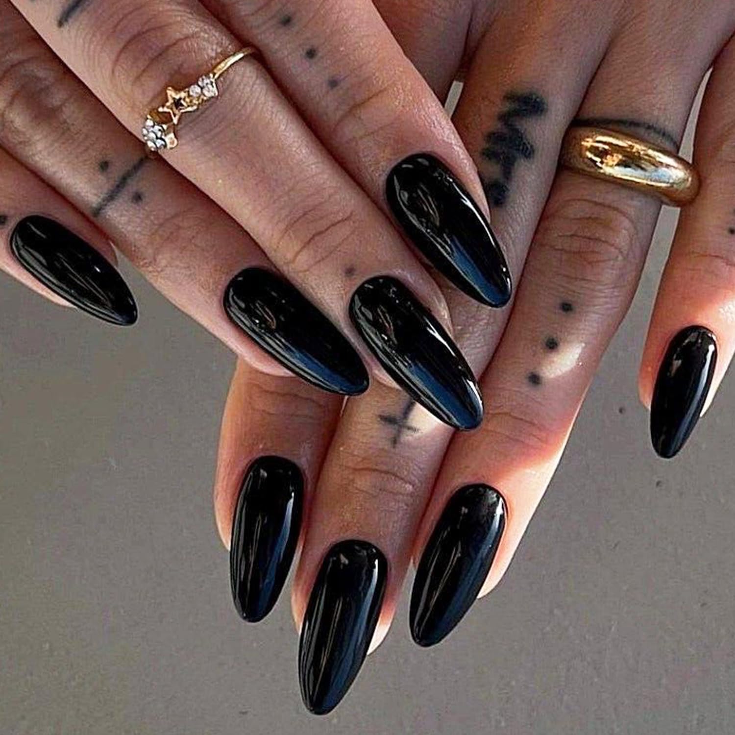 GLAMERMAID Black Press on Nails Medium Almond, Neutral Jelly Gel Glossy Emo Fake Nails Stiletto, Pure Dark Short Oval Stick Glue on Nails Tip for Women, Reusable Acrylic Daily False Nail Manicure Kit - Image 6