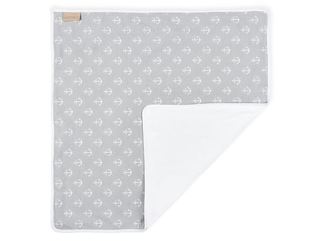 KraftKids Wickeltischunterlage weiße Anker auf Grau, Windelmatte aus 100% Baumwolle, wasserundurchlässige Reise-Wickelunterla