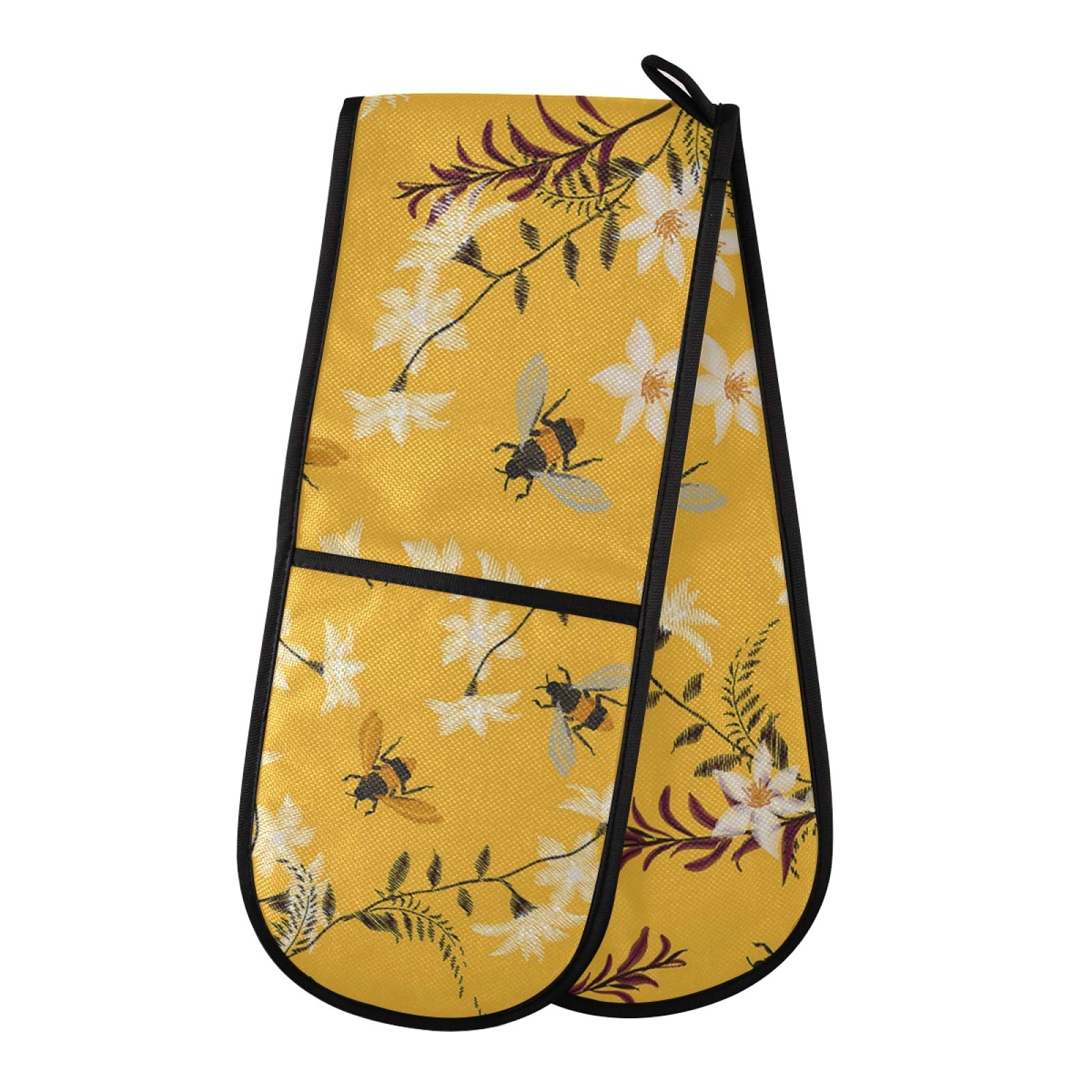 Spring Bee Floral Double Oven Mitt Heat Resistant Non-Slip Kitchen Gloves Extra Long 7" x 35" for Cooking Baking Barbecue Grilling