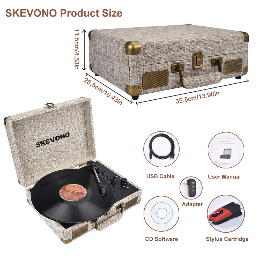 Vinyl Record Player, SKEVONO 3 Speed Portable Suitcase Turntable, Bluetooth Vintage Record Player with 2 Built-in Speakers, Supports RCA Output/Headphone Jack/Phone Music Playback (Light Beige Linen)