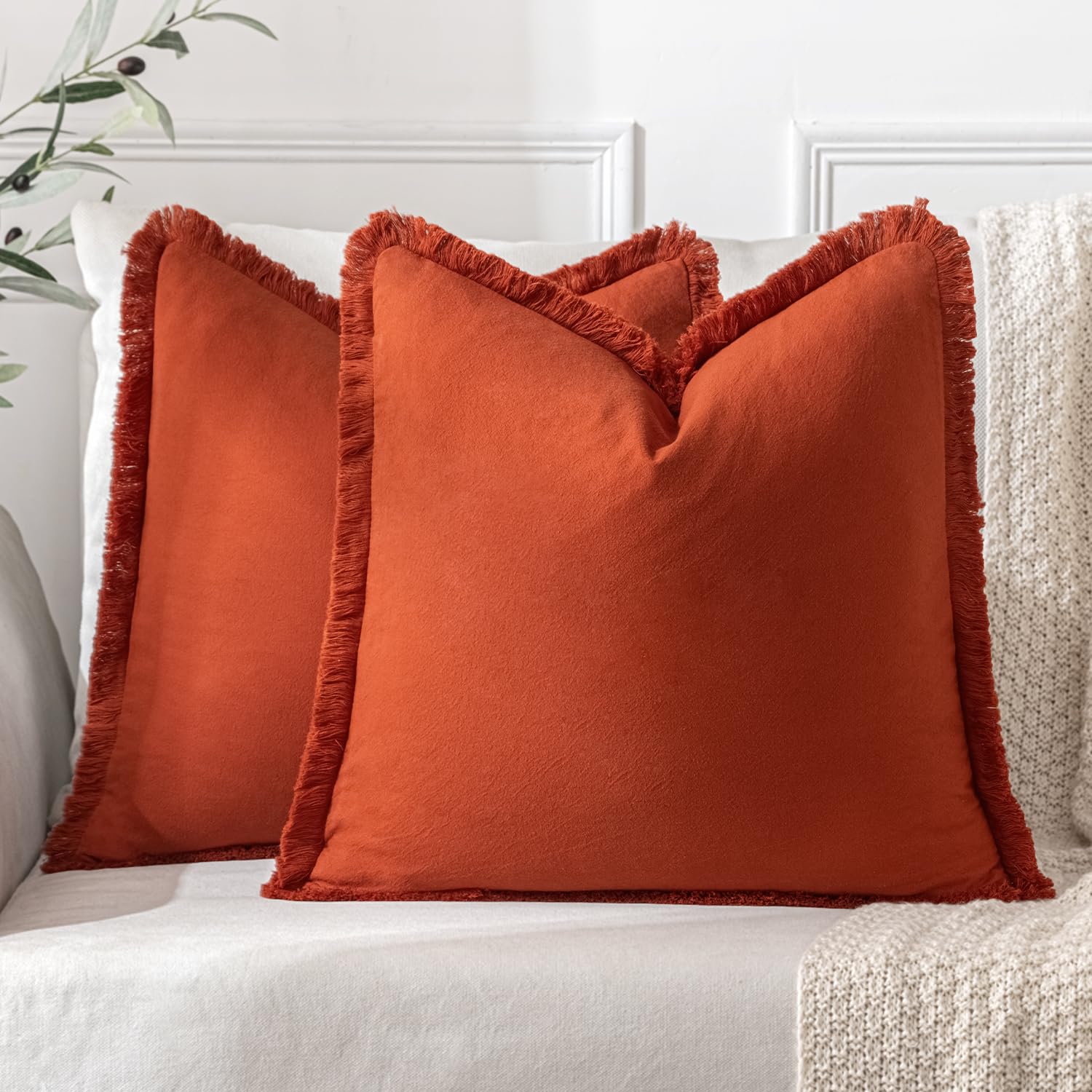 Photo 1 of MIULEE Throw Pillow Covers Fall Boho Farmhouse 22x22 Set of 2 Decorative Burnt Orange Couch with Fringe Chic Cotton Pillowcases Home Decor Accents for Cushion Soft Bed Living Room