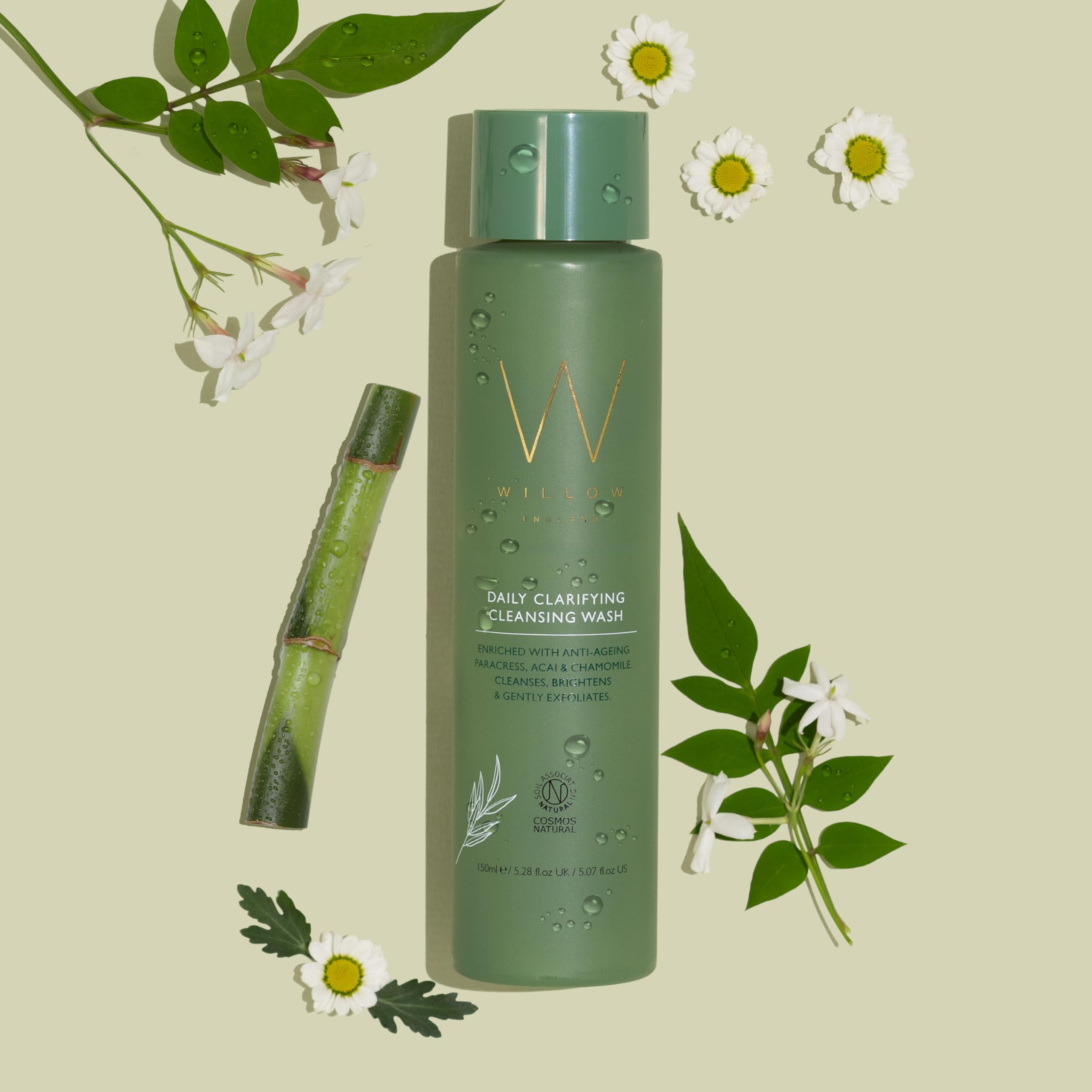 Daily Clarifying Cleansing Wash: Anti-ageing gently exfoliating wash with anti-bacetrial Acai Oil, calming Chamomile oil and finely ground bamboo to gently exfoliate