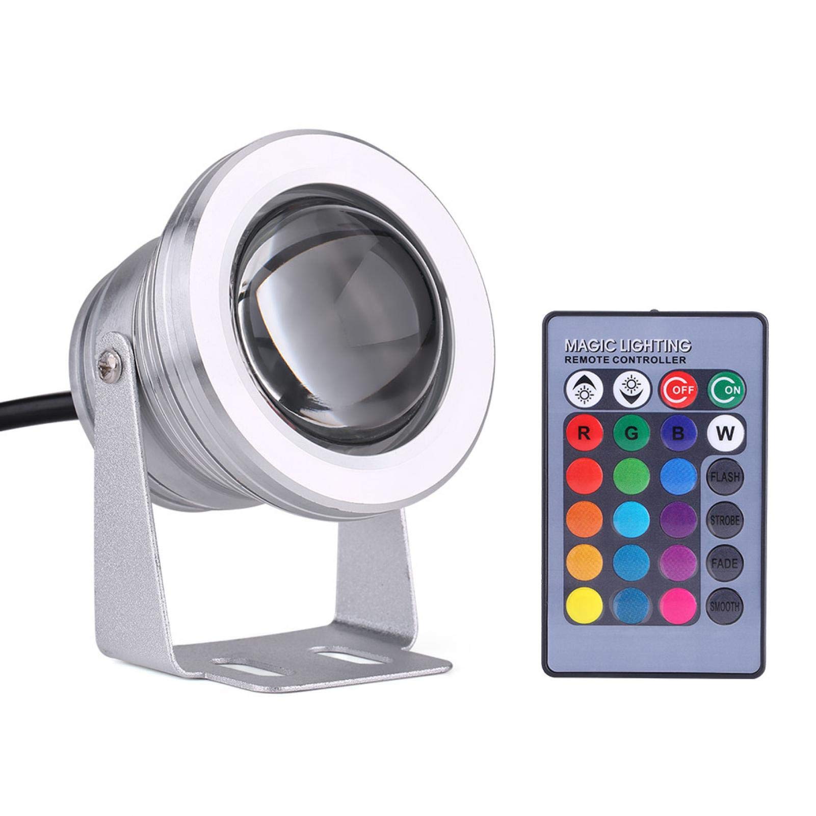 Akozon Marine 10W 12V RGB LED Waterproof Spotlight with Remote Control for Boat, Yacht, Aquarium, and Fountain - Silvery White