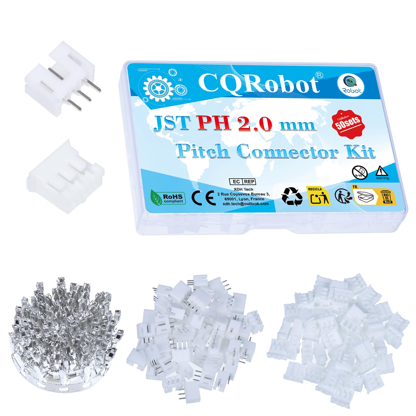CQRobot JST PH 2.0 mm Pitch 3-Pin Electronic Computer Connector IC Male Plugs, Female Sockets Housing and T-Shaped Crimp Terminal Kit. 50 Sets/250 Pieces Wire-to-Board Adapter Cable Assembly.
