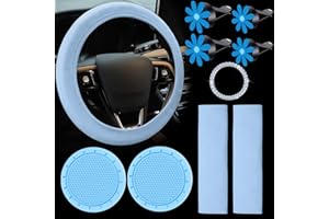 Frienda 10 Pcs Leather Steering Wheel Cover Set for Women 14.5-15 Inch Car Accessories with Seat Belt Shoulder Pad Seatbelt Cover Cup Holder Start Button Ring Sticker Air Vent Clip(Blue)