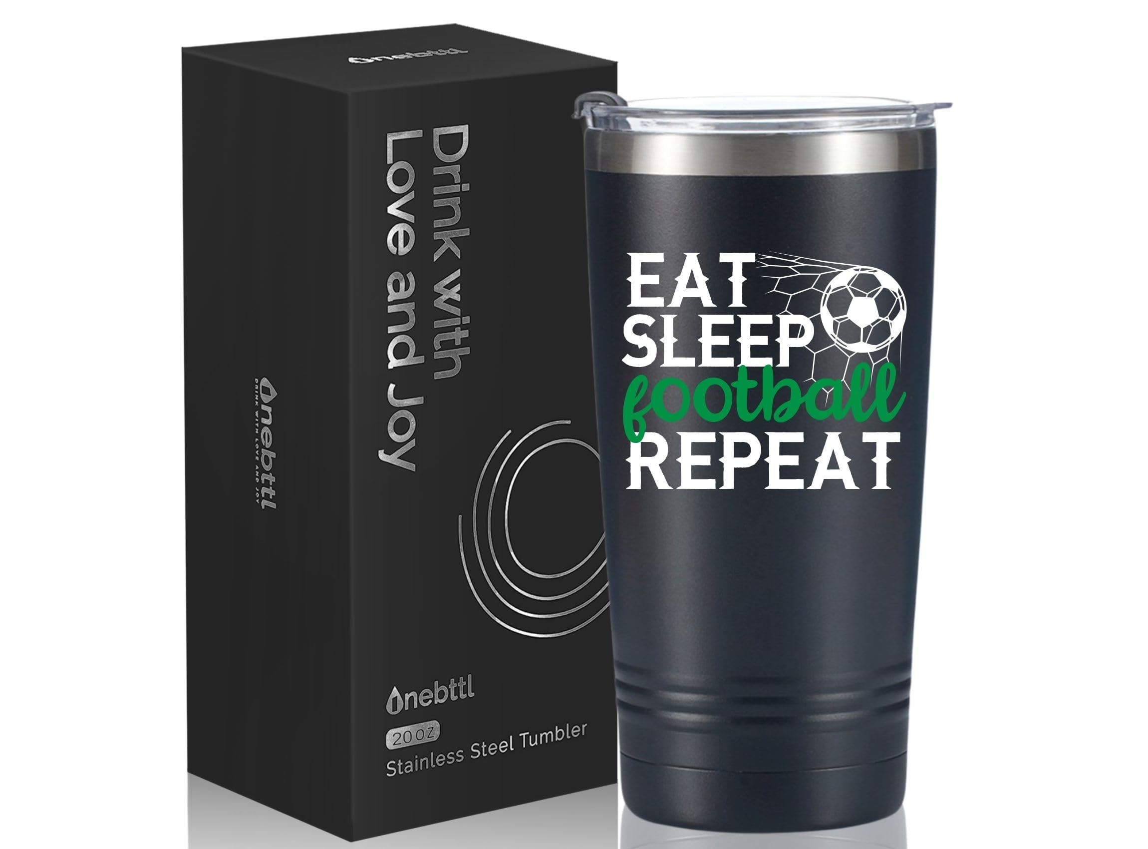 Onebttl Football Gifts for Men, Coach, Players, Teens - 590ml Stainless Steel Tumbler, Black (Eat, Sleep, Football, Repeat)
