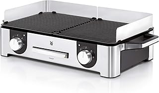 WMF Lono Master-Grill, Elektrogrill, 50 x 28 cm, Tischgrill elektro mit Windschutz und Auffangschale, Outdoorzertifiziert für Barbecue, 2 getrennt regulierbare Grillflächen, 2400 W, edelstahl matt