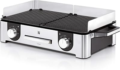 Wmf lono mastergrill, churrasqueira elétrica, 2400 w, superfície antiaderente, regulador de temperatura, 2 placas removíveis, acabamentos em aço inoxidável cromargan, cor prata/preta