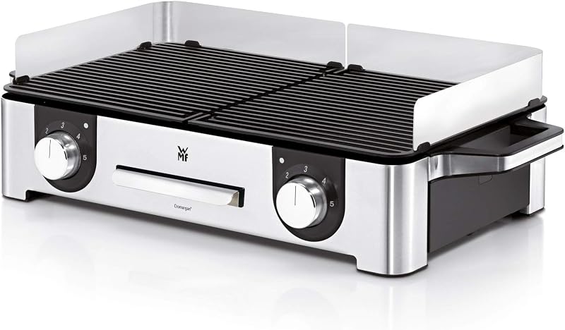 Wmf lono mastergrill, churrasqueira elétrica, 2400 w, superfície antiaderente, regulador de temperatura, 2 placas removíveis, acabamentos em aço inoxidável cromargan, cor prata/preta