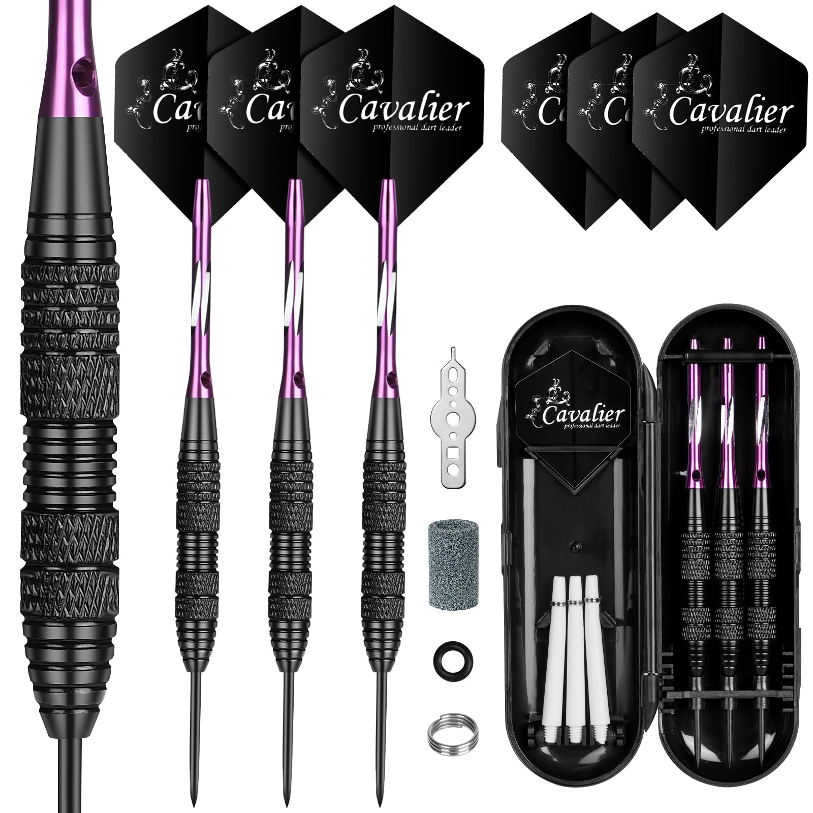 flintronic 3 Pack Steel Darts Set, Professional 24g Darts Tip with Non-Slip Stainless Steel Shaft, Poly Flights, PVC Shafts, Dart Sharpener, Rubber Rings, Flight Protecter, with Gift Box
