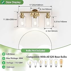 3-Light Bathroom Light Fixtures, Brushed Brass