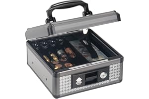 GLOSEN Cash Box with Lock, Money Box with Key & Removable Coin Tray 8.46 * 5.3 * 8.46 inch [Black] (Small)