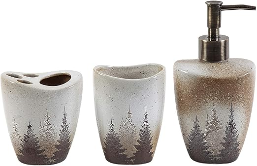 Amazon Com Hiend Accents Clearwater Pines Rustic Lodge 3 Pc Bathroom Countertop Accessory Set One Size Cream Brown Home Kitchen