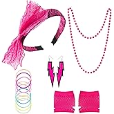 80's Costumes Set Headband Earrings Necklace Bracelets Fishnet Gloves for Halloween Cosplay Retro Theme Party