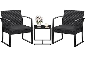 Homall Resin 3 Pieces Patio Furniture Set, Outdoor Bistro Set with Cushions and Glass Table, Conversation Set Rattan Chair for Porch, Balcony, Poolside, Garden (Black)