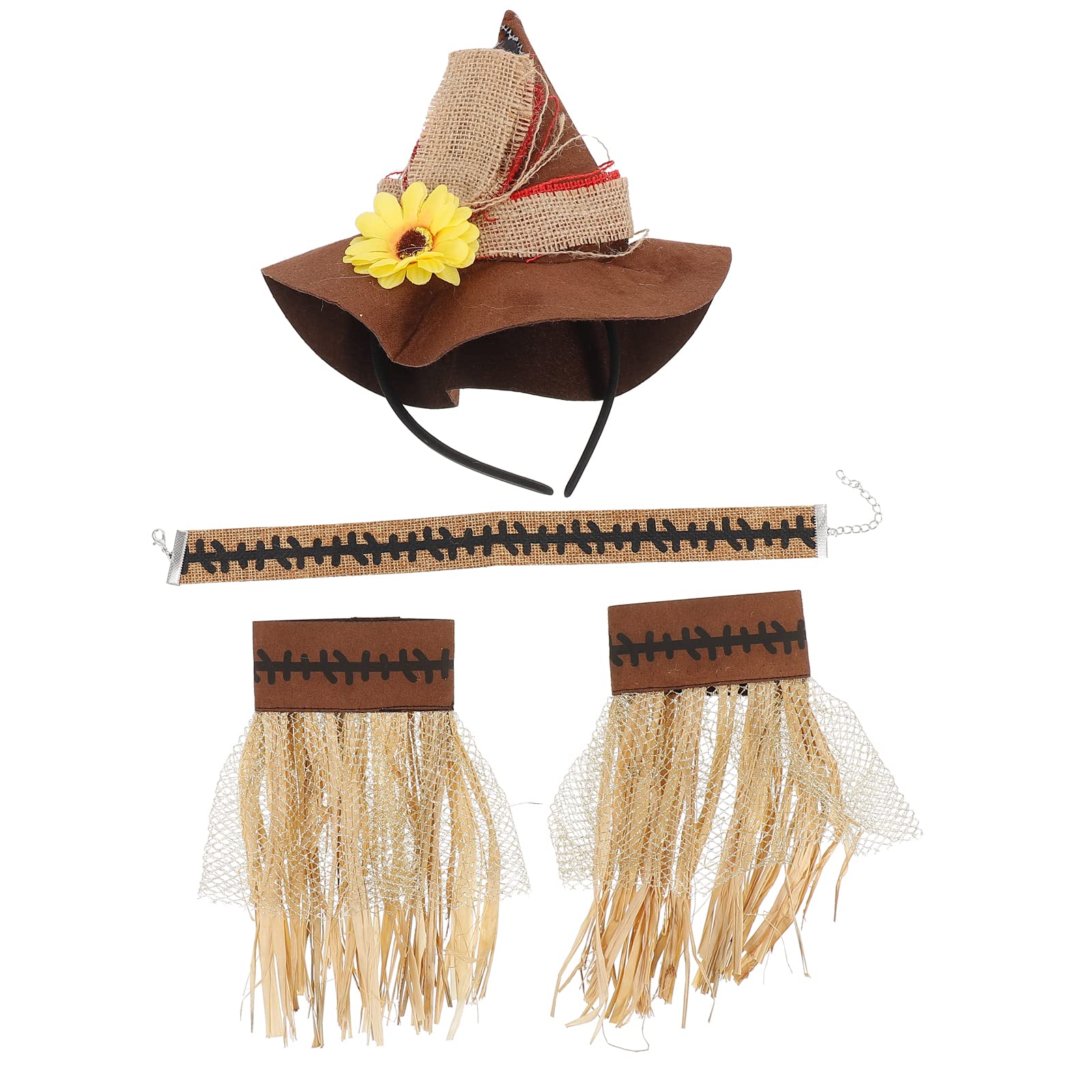 STOBOK 4Pcs Halloween Scarecrow Costume Flower Straw Hat and Necklace Straw Wristbands for Halloween Carnival Cosplay Role Play Accessories