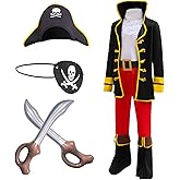 bibeikele Pirate Costume for Kids Cosplay Pirate Role Play Dress Up Halloween Costume Hat Belt Eyes patch Inflatable Sword