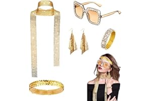 70s/80s Gold Disco Accessories Setfor Women, Includes Elastic Headband, Sunglasses, Sequin Scarf, Earrings, and Bracelet, Per