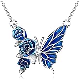 VONALA Butterfly Necklace 925 Inlaid Silver Butterfly Pendant Blue Rose Yellow Daisy Wave Dot Butterfly Necklace Jewerly Women's Gift