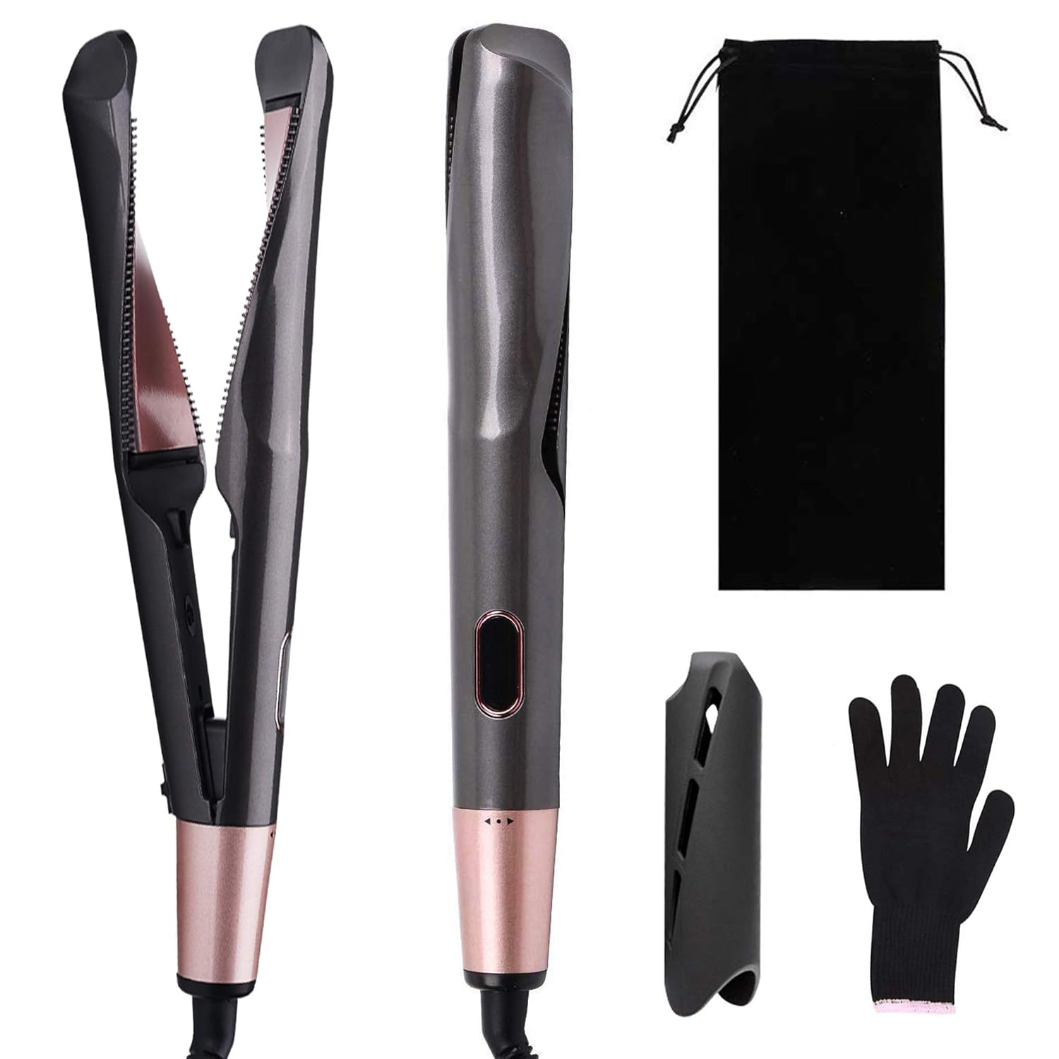 Hair straightener & Curler 2 in 1, Tourmaline Ceramic Twisted Straightening Flat Iron with Adjustable Temperature, LCD Display & Auto Shut-Off