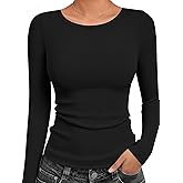 Cotton Ribbed Basic T Shirts for Women,Slim Fit Crew Neck Long Sleeve Fall Shirts,Solid Plain Tops, Undershirts
