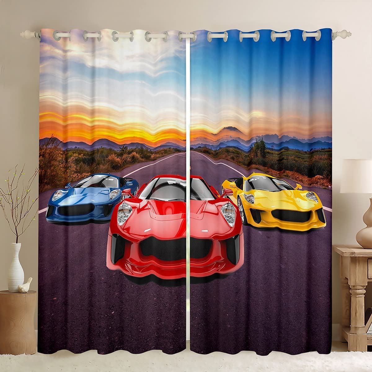3D Car Curtains Sports Car Printed Curtains for Bedroom Living Room for Kids Boys Men Speed Racing Car Extreme Sports Windows Drapes Automobile Style Room Decoration,W46*L72