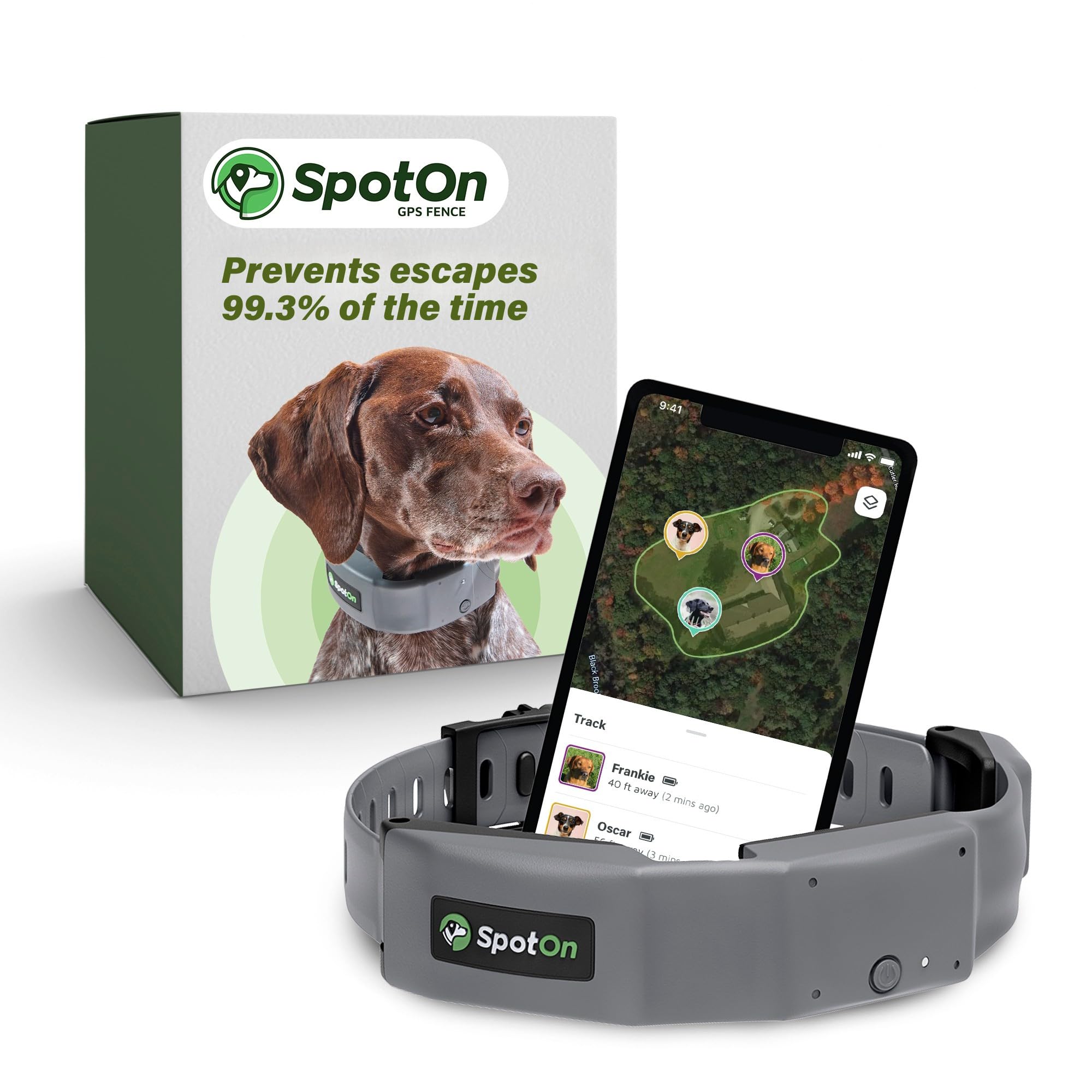 SpotOn GPS dog fence collar, packaging and mobile boundary map