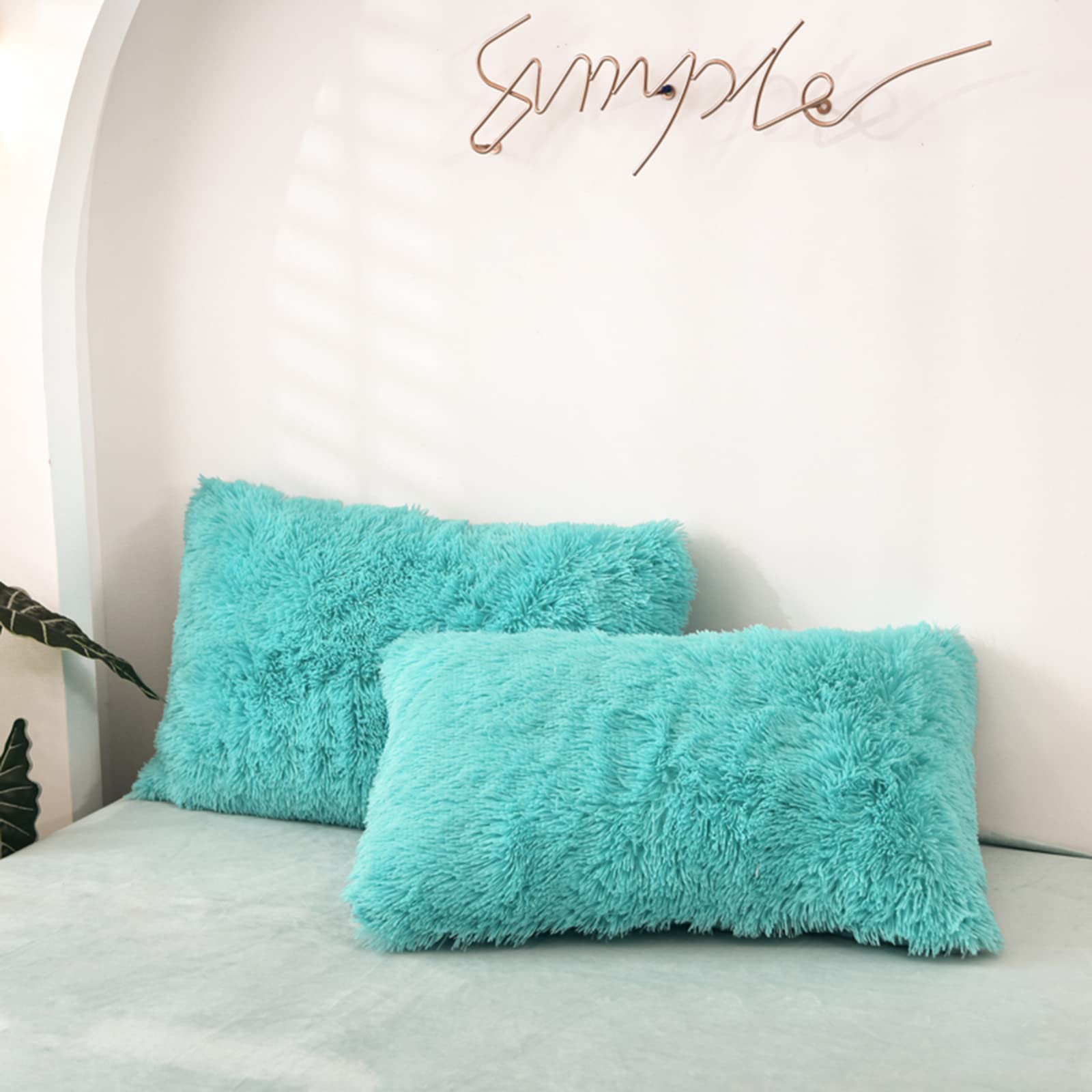 Photo 1 of MorroMorn Decorative Pillows Covers, 2 Packs Faux Fur Pillow Cases Standard Size, Luxury Shaggy Throw Pillowcase Cushion Shams with Zipper Closure Room Decor for Couch Sofa Bed (Aqua, Standard)