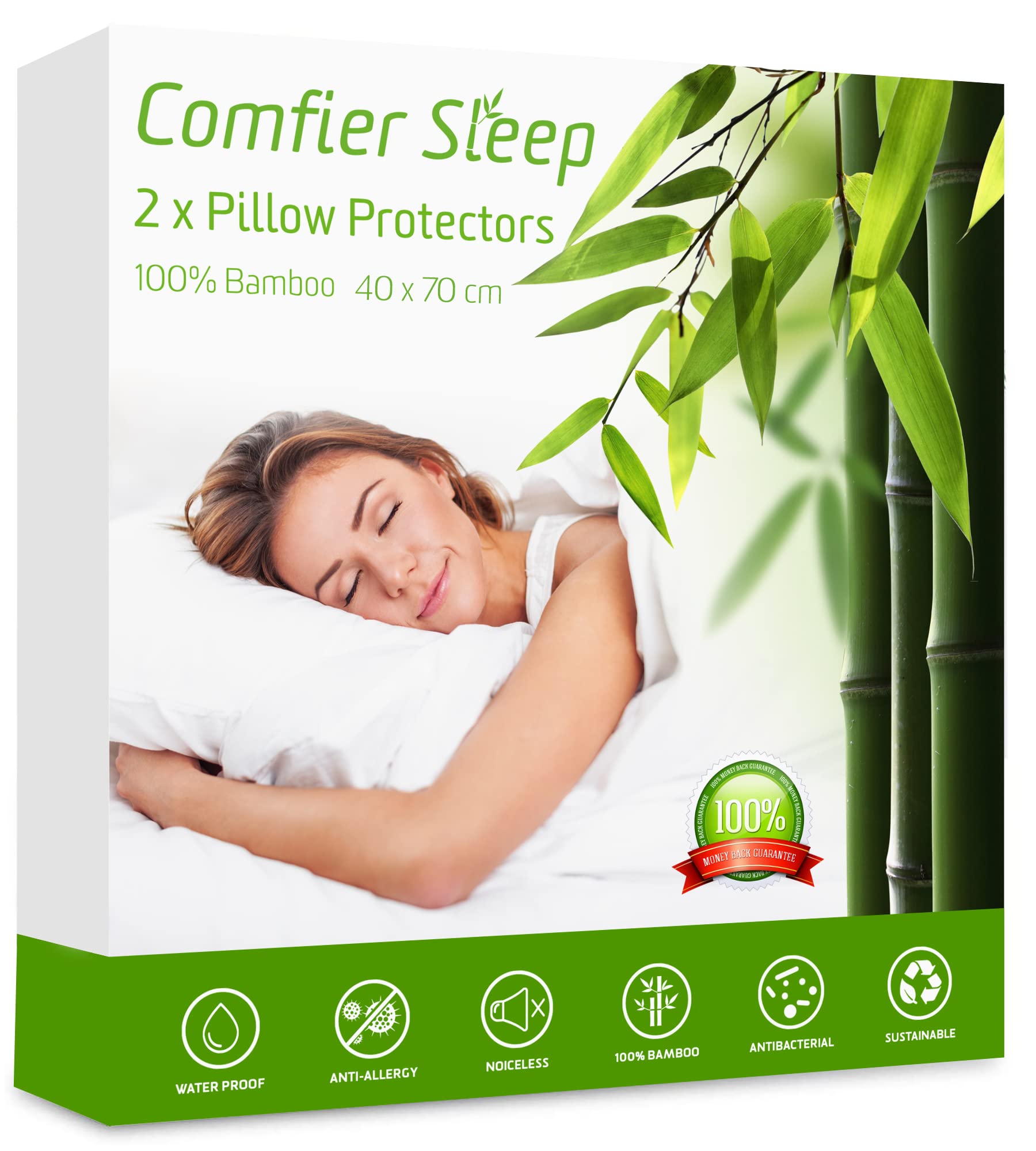 Comfier Sleep Waterproof Pillow Protectors 40x70 Anti Allergy Super Soft Pillow Protectors 2 pack, 100% bamboo Pillow Cases 2 Pack Zipped