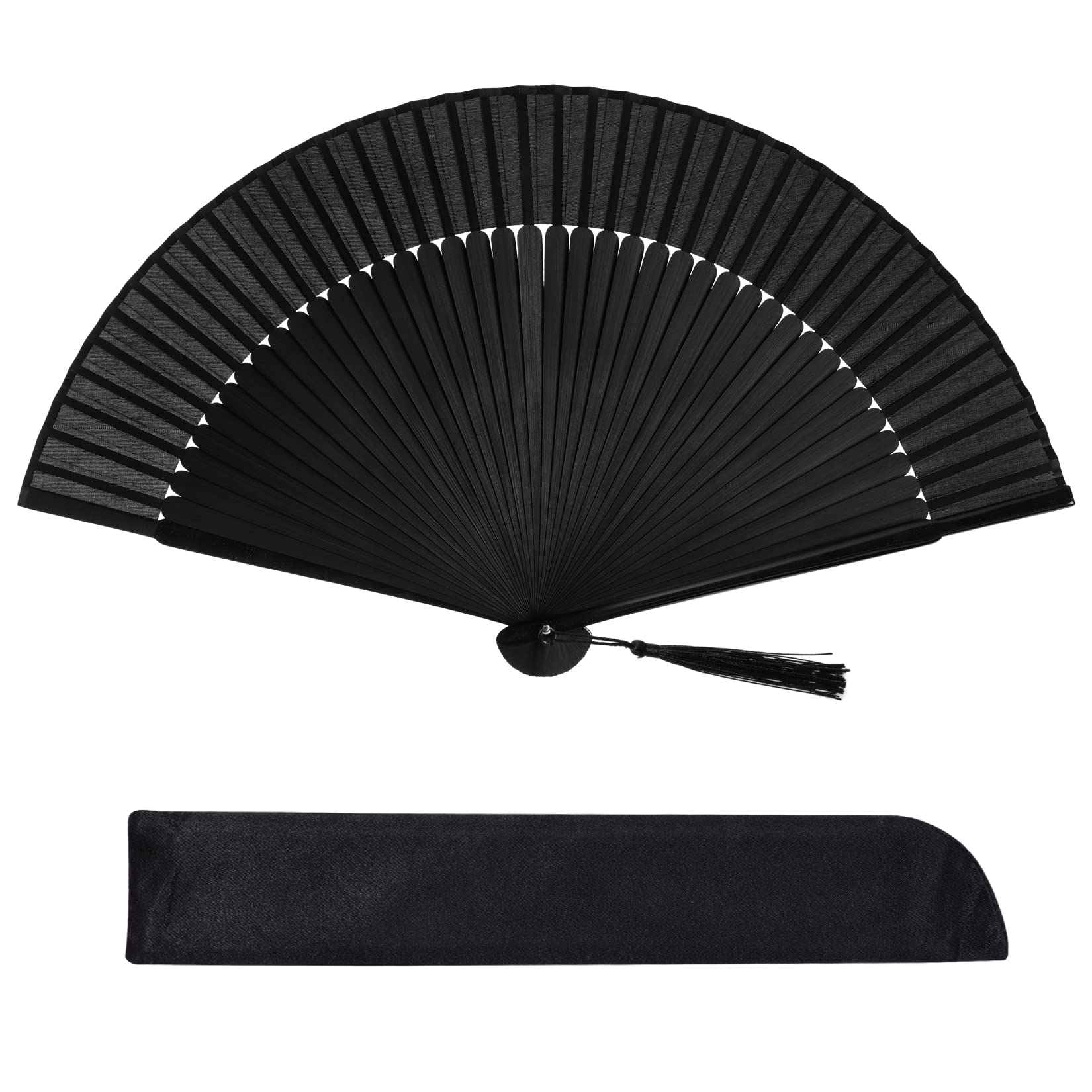 Photo 1 of Wobe Hand Held Bamboo Silk Folding Fan, Chinese Japanese Handheld Fan with Tassel Wooden Charming Elegant Vintage Retro Style for Women Ladys Girls Dance Party Home Decorations (Black)