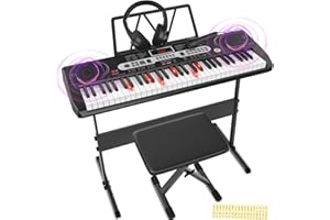 Fujampe Keyboard Piano 61 Keys, Electric Digital Piano Set with Light-Up Keys, Mic, Headphones, Note Stickers, Bench, Sheet Music Stand, Electronic Piano Keyboard for Beginners (Classic Black)