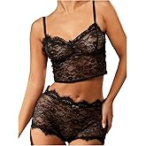 SOLY HUX Women's Floral Lace Pajama Lingerie Set Sheer Cami Tops and Shorts Sleepwear Loungewear