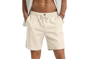 PLEPAN Mens Casual Linen Shorts - 7 inch Elastic Waist Drawstring Summer Beach Vacation Short