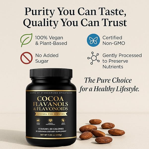 HIGH-FLAVANOL COCOA POWDER SUPPLEMENT –RICH IN NATURAL COCOA FLAVONOIDS & EPICATECHIN BLEND, VEGAN, NON-GMO, NO SUGAR ADDED, SUPPORTS DAILY VITALITY, 7.05 OZ